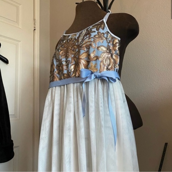 Girls Ballerina Dress in Baby Blue with Gold Sequins, double tulle skirt - Picture 4 of 15